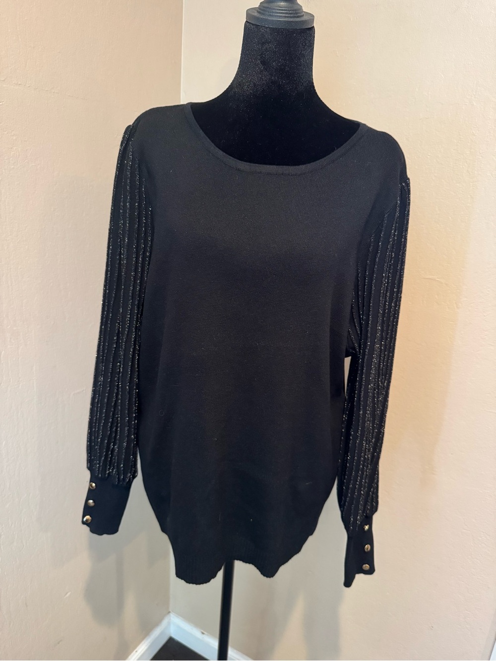 Nanette Lepore Black Knit Top with Sparkle-Trim Sleeves & Gold Button Details
